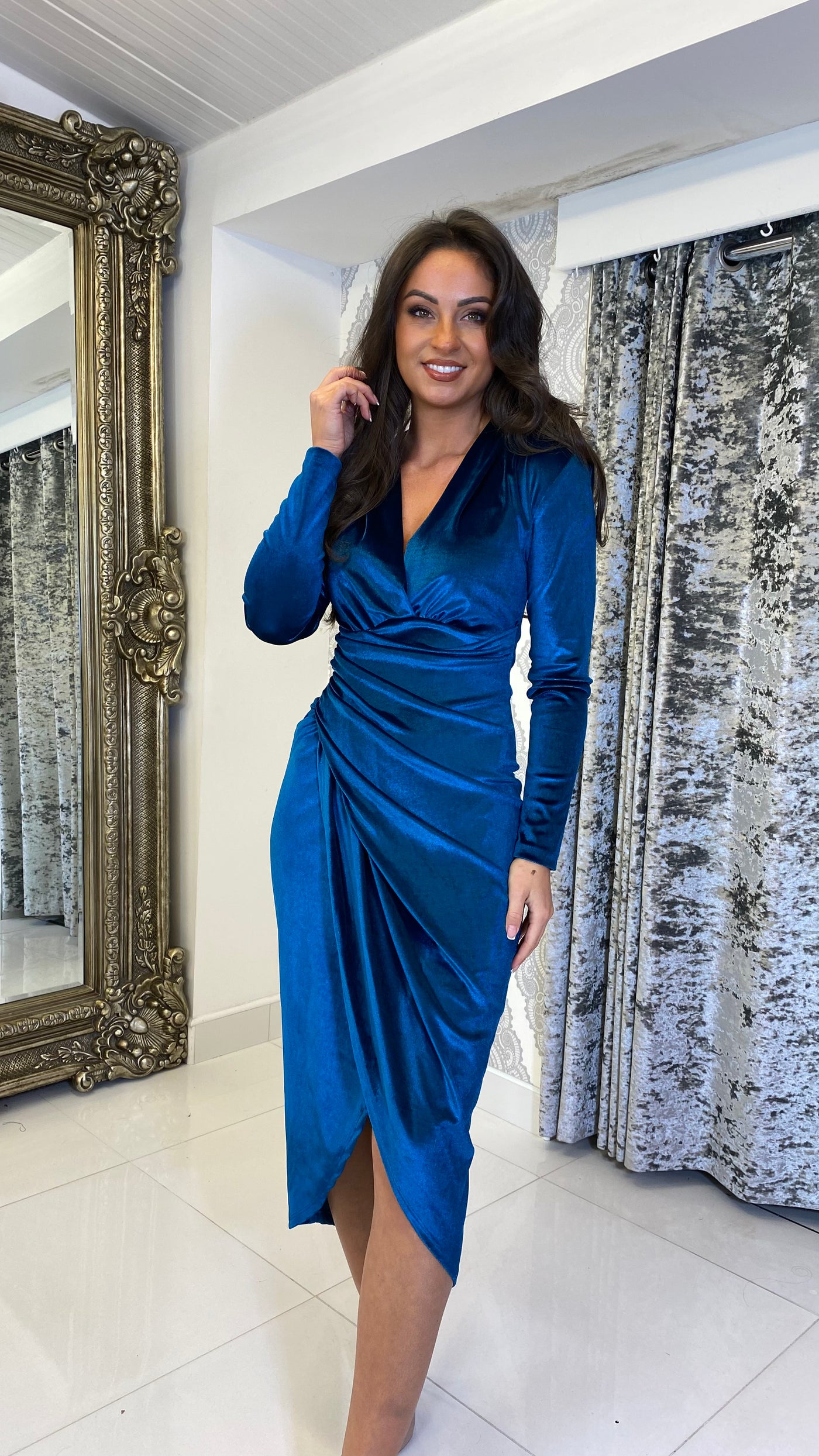 Teal Midi Ruched Dress Velvet Cocktail Dress