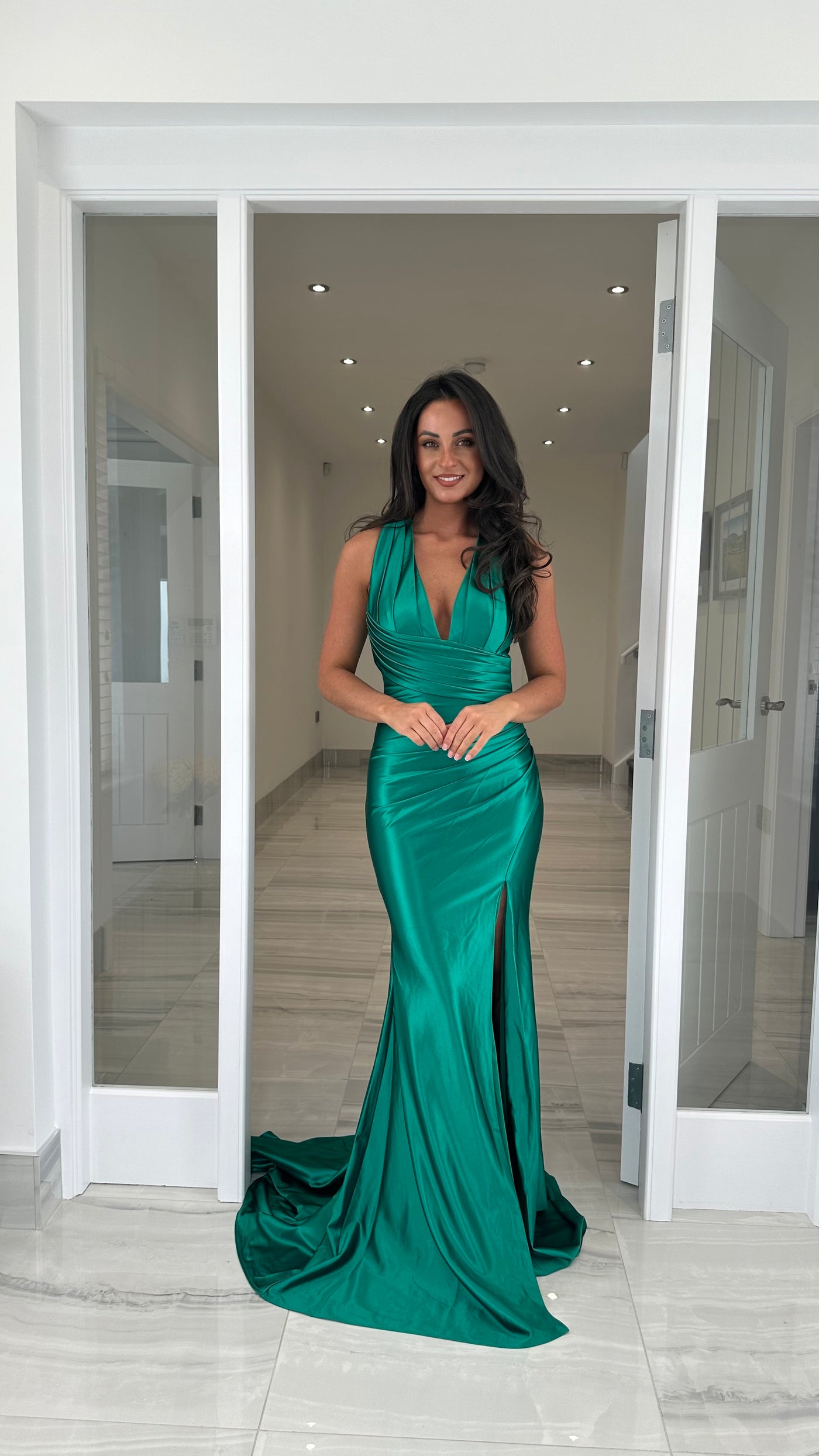 Emerald Green Satin Halterneck Ruched Prom Dress Rosies Closet Emerald Green Satin Halterneck Ruched Prom Dress Rosies Closet