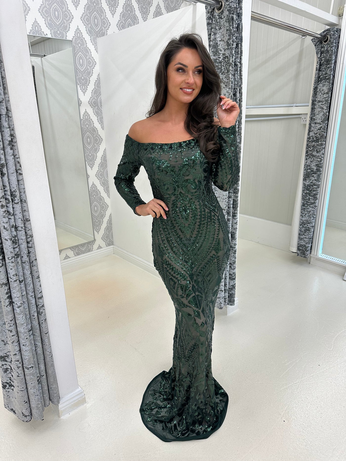 Bardot Style Full Sequin Detailed Maxi Evening Dress In Emerald Green Rosies Closet