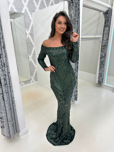 Bardot Style Full Sequin Detailed Maxi Evening Dress In Emerald Green