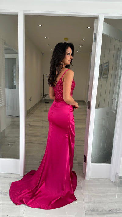 Raspberry Pink Sequin Top & Split Satin Full Length Gown