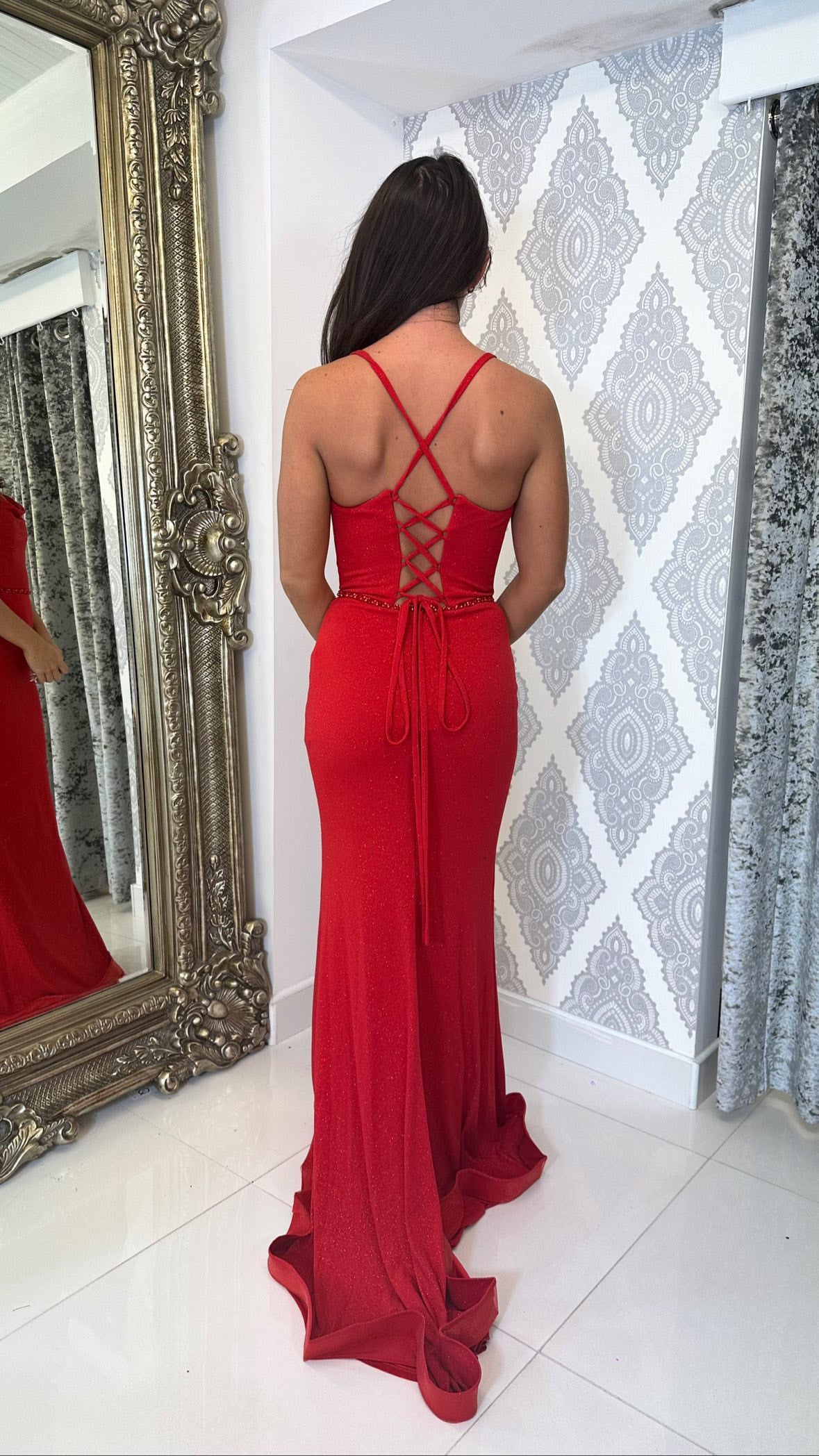 Red Glitter Fabric Full Length Gown