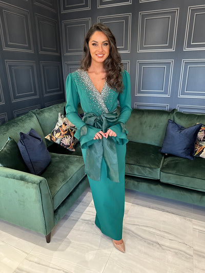 Emerald Green Long Sleeve Silver Jeweled Wedding Guest Dress