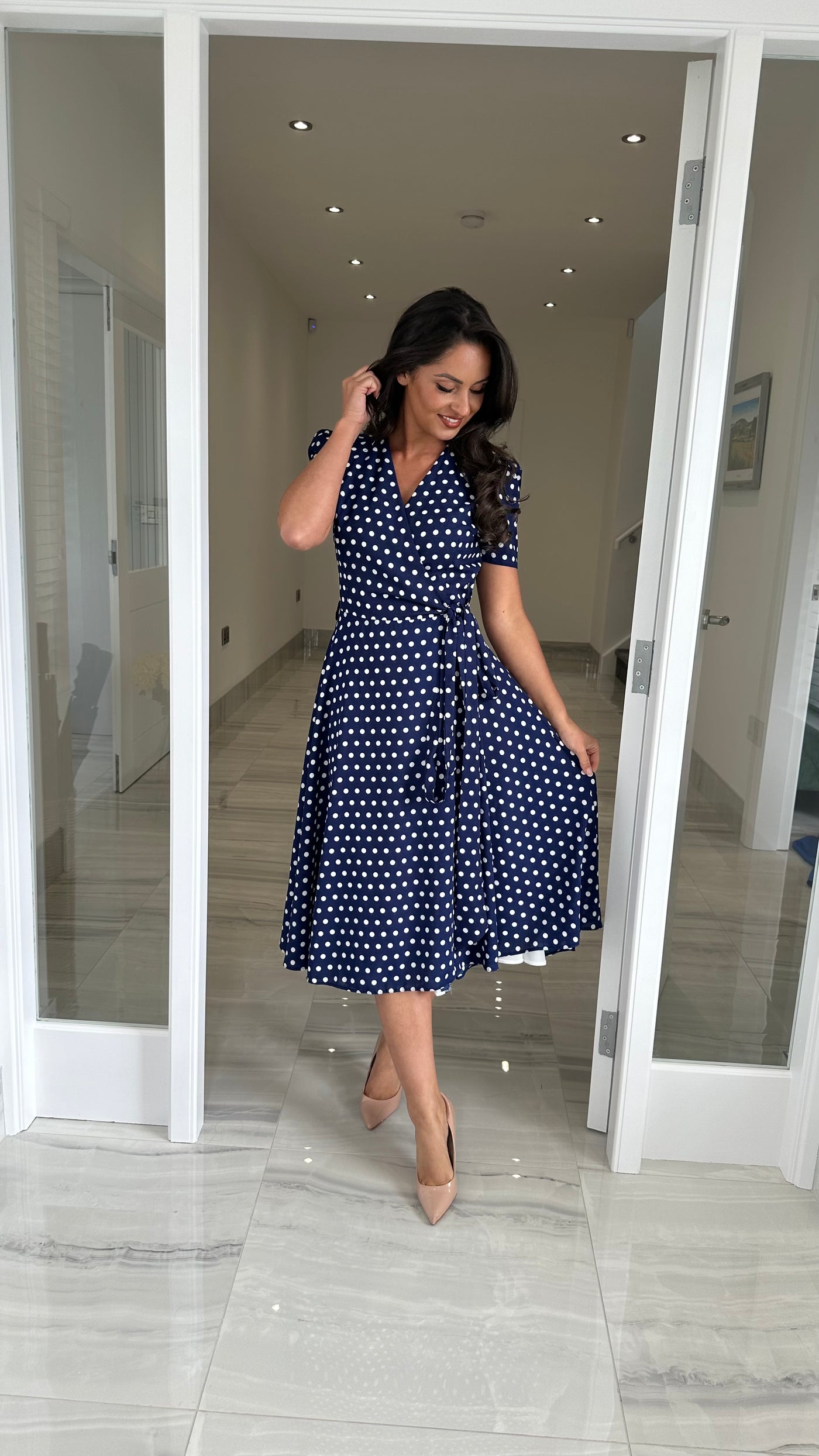 Navy Polka Dot Midi Swing Dress