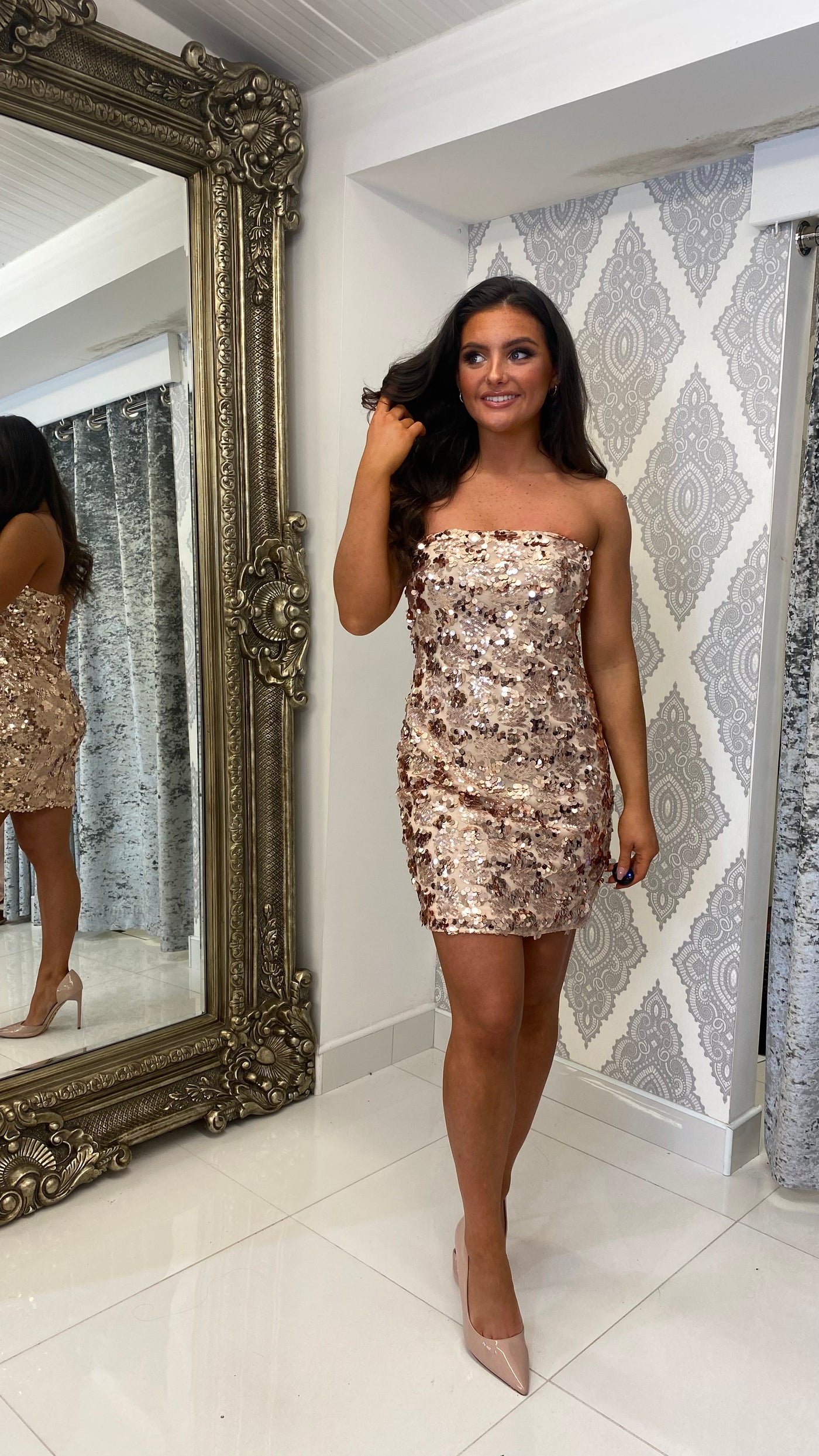 Gold Sequin Detailed Strapless Mini Party Dress
