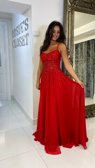 Red Floaty A-Line Skirt Corset Full Length Gown
