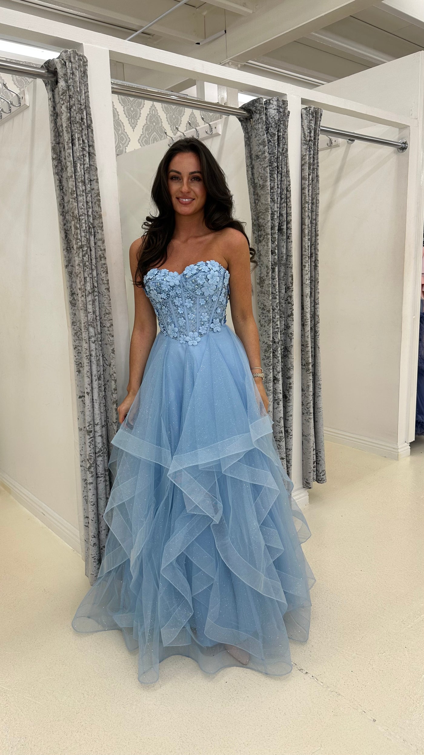 Baby Blue Flower Embroidery Corset Tiered Skirt Ball Gown