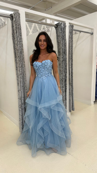 Baby Blue Flower Embroidery Corset Tiered Skirt Ball Gown