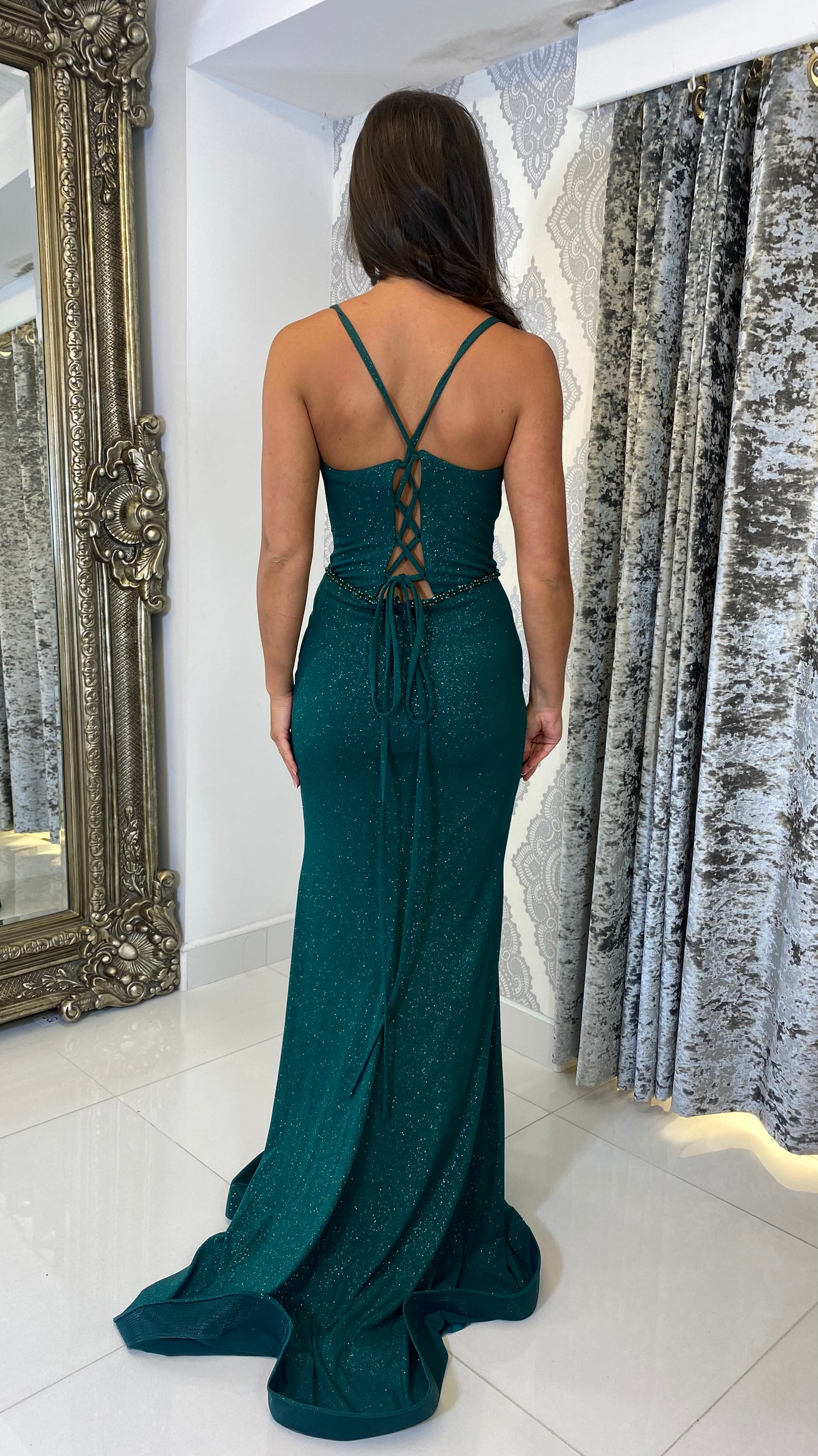 Green Glitter Fabric Full Length Gown