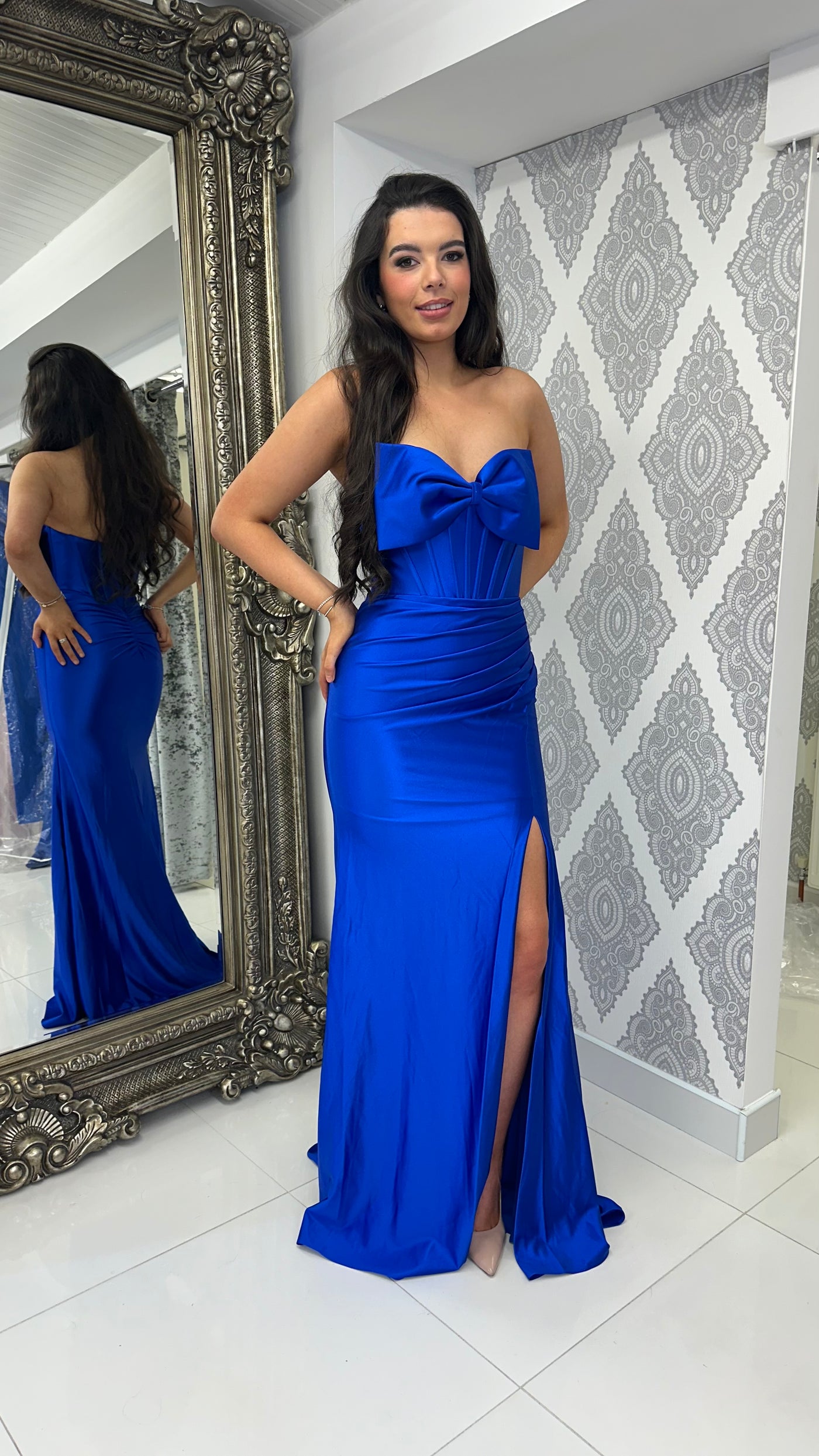 Royal Blue Satin Bow Front Gown