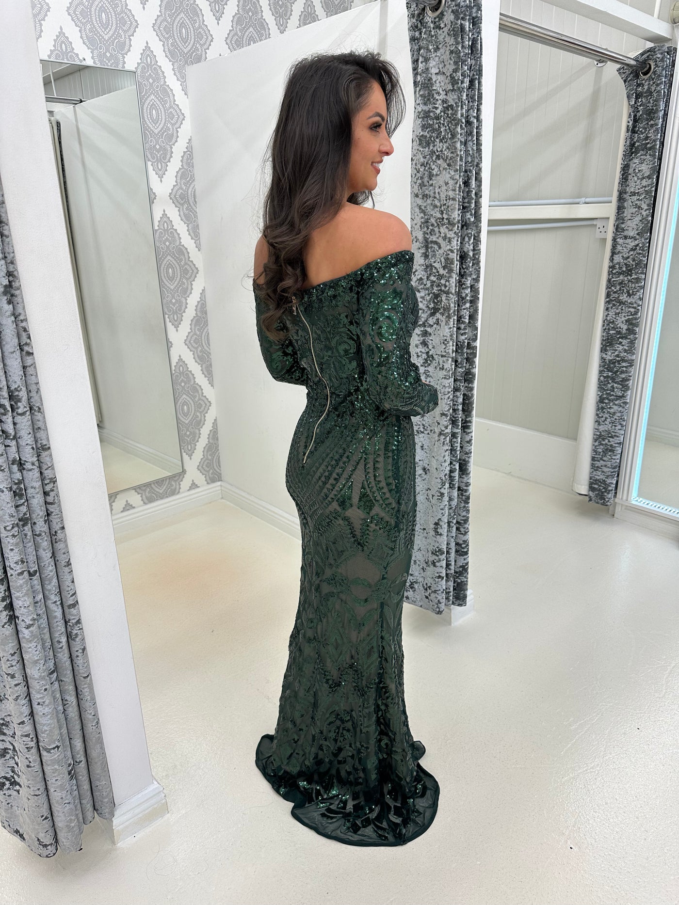 Bardot Style Full Sequin Detailed Maxi Evening Dress In Emerald Green Rosies Closet