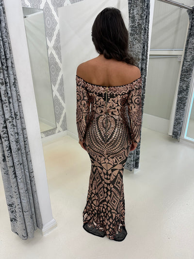 Bardot Style Full Sequin Detailed Maxi Evening Dress In Bronze Colour