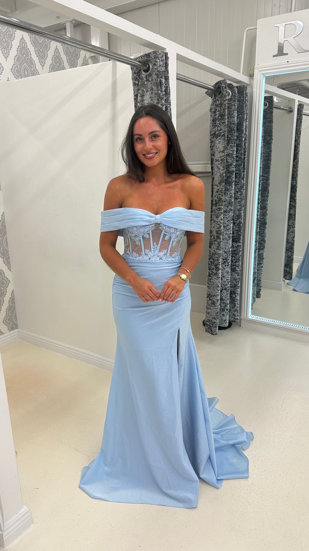 Baby Blue Bardot Mesh Lace Corset Prom Dress – Rosies Closet