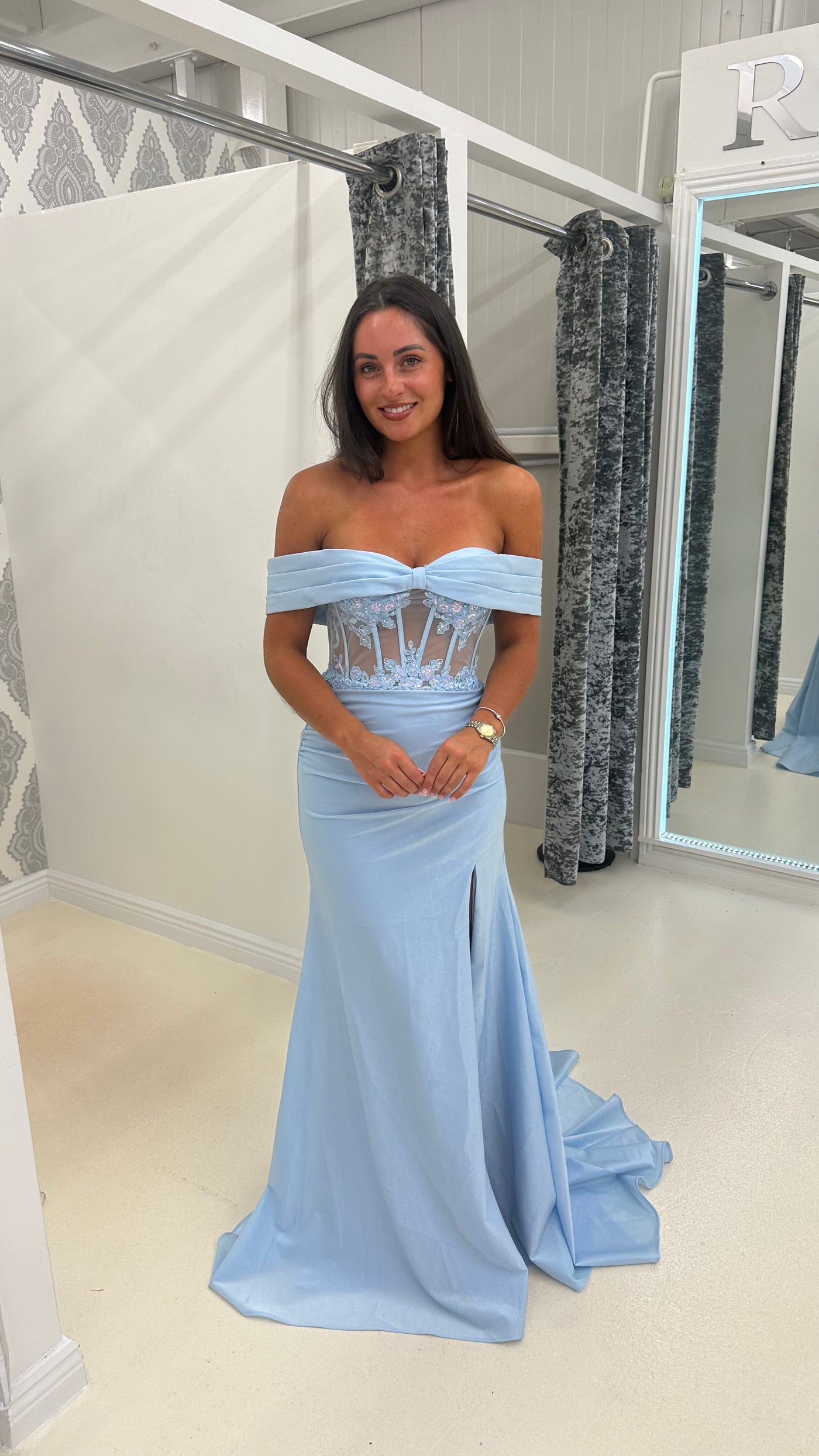 Baby Blue Bardot Mesh Lace Corset Prom Dress