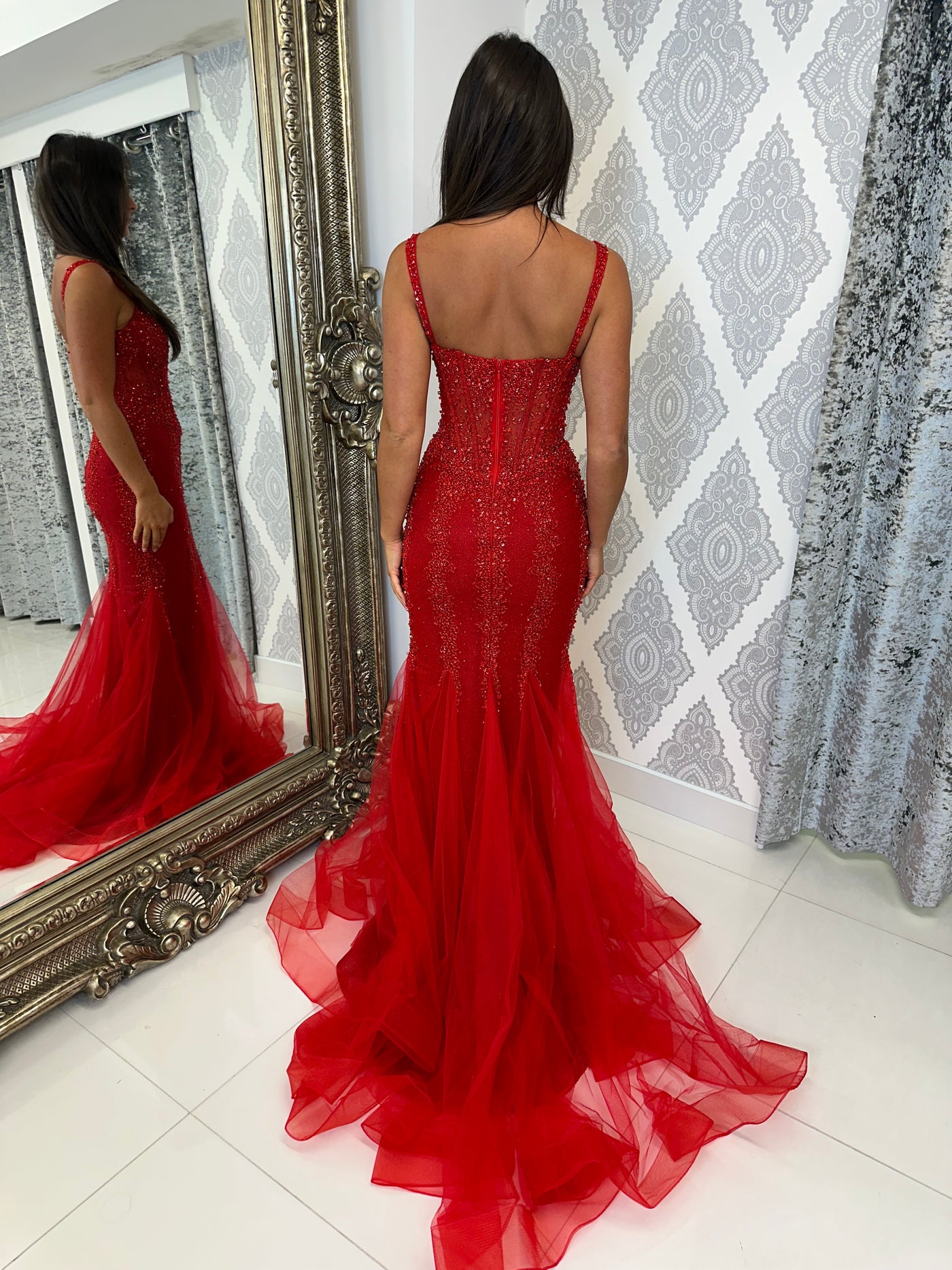 Red Sequin Corset Style Fishtail Full Length Gown