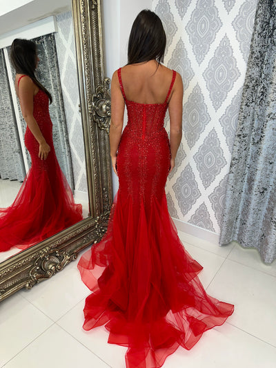 Red Sequin Corset Style Fishtail Full Length Gown