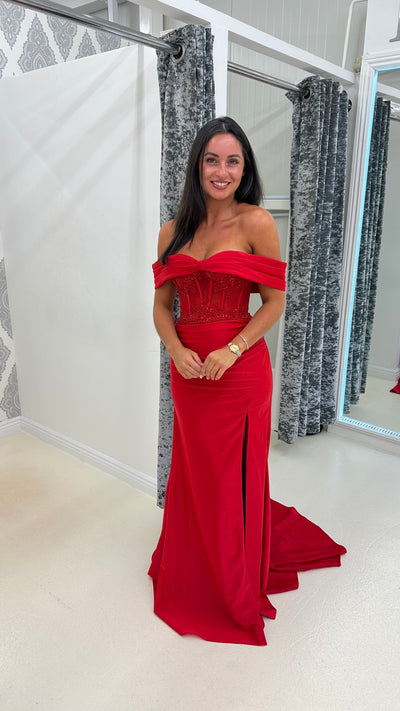 Red Bardot Mesh Lace Corset Prom Dress