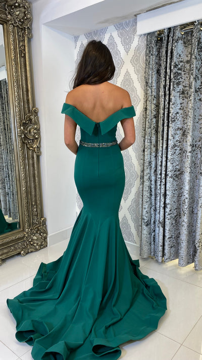 Emerald Green Bardot Fishtail Full Length Gown