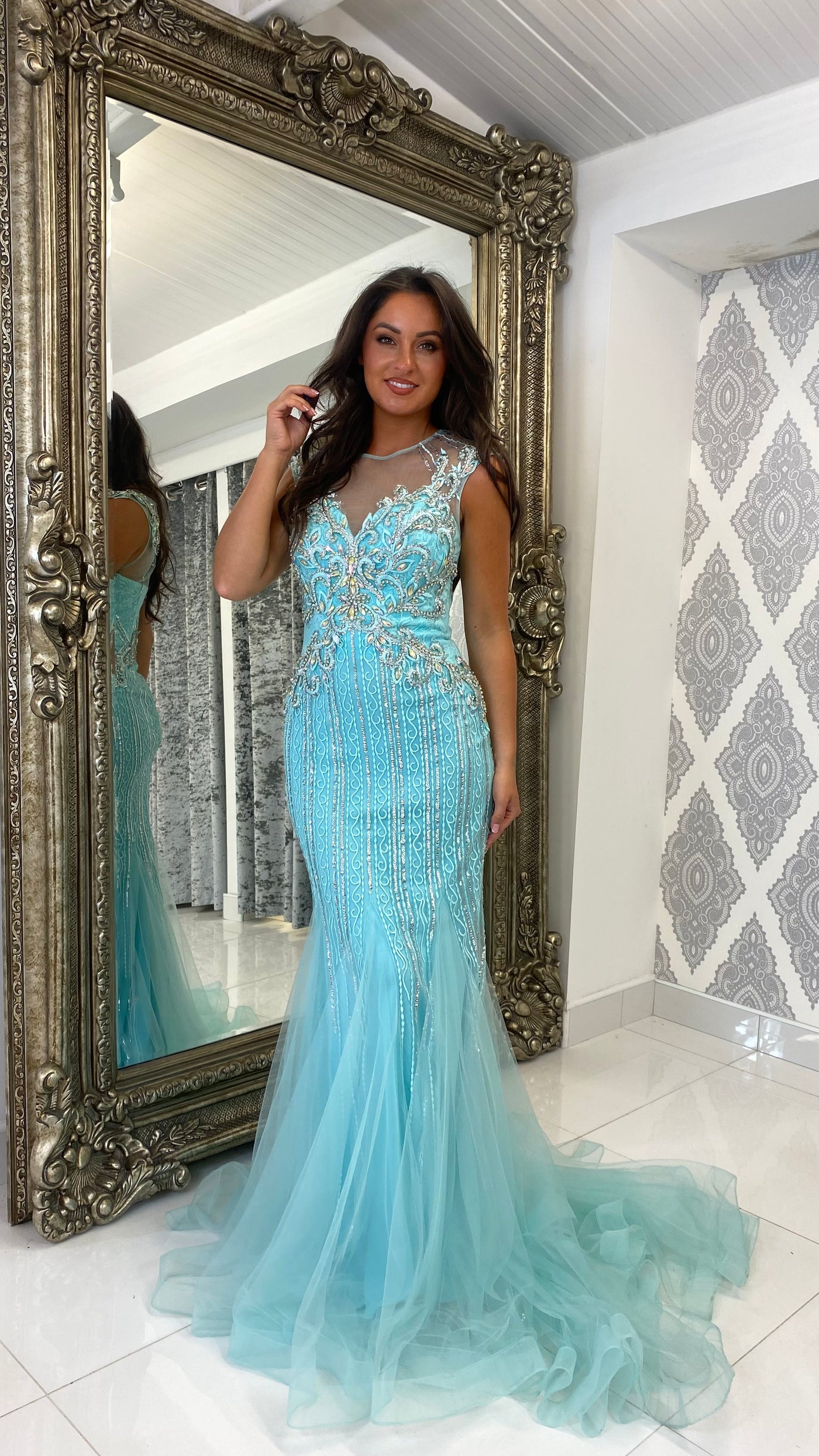 Turquoise Blue Silver Jewelled Fishtail Prom Dress Rosies Closet Turquoise Blue Silver Jewelled Fishtail Prom Dress Rosies Closet