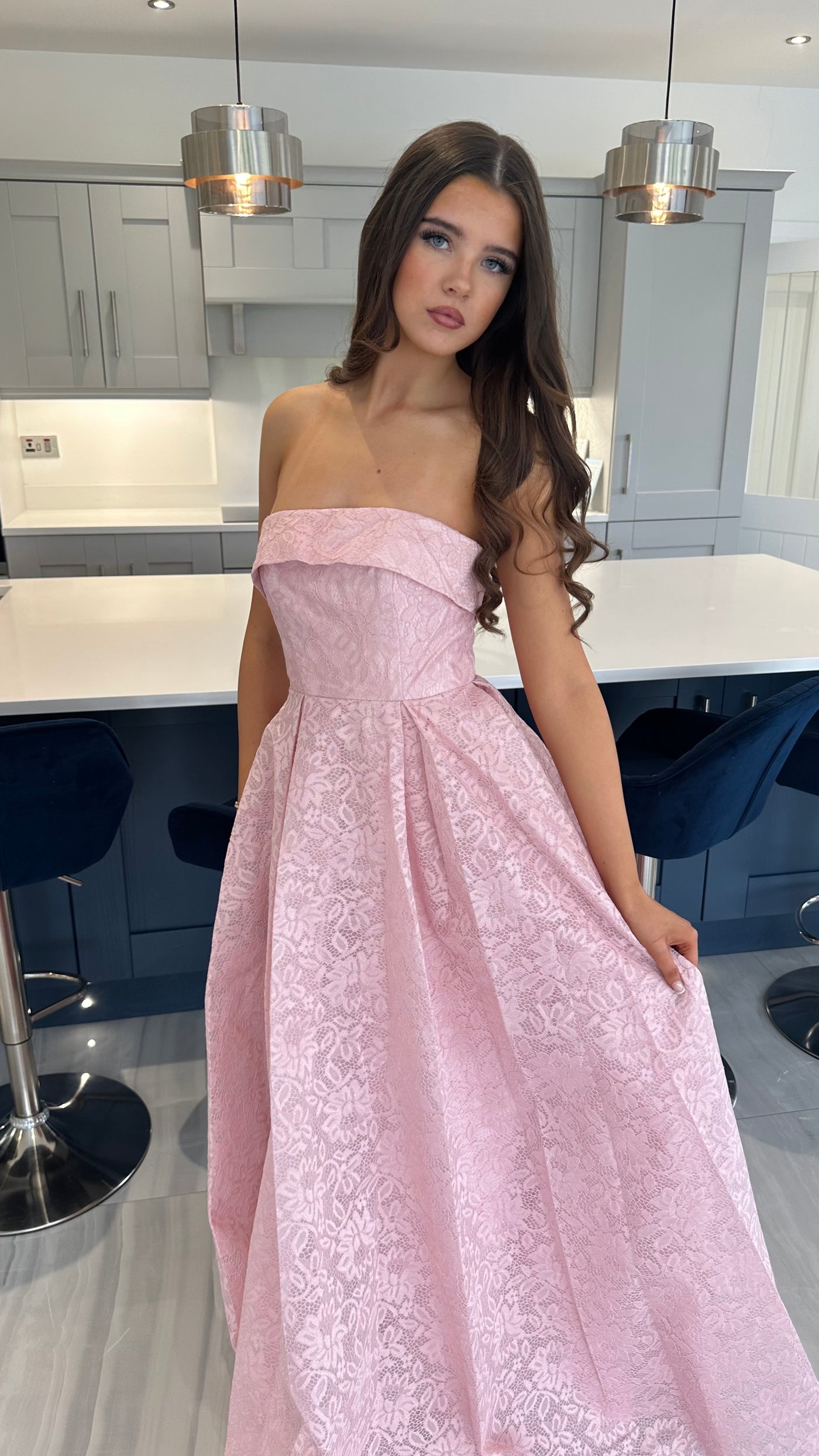 Baby Pink Lace Strapless Ball Gown