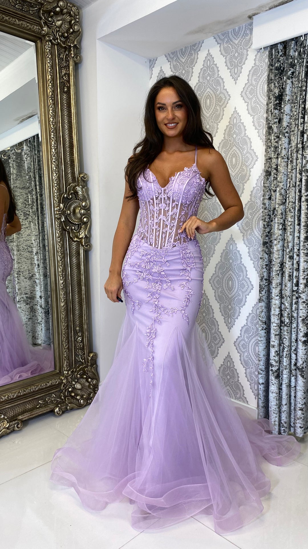 lace fishtail prom dress Angel Forever Beaded Lace Backless Fishtail Prom Dress (Silver)
