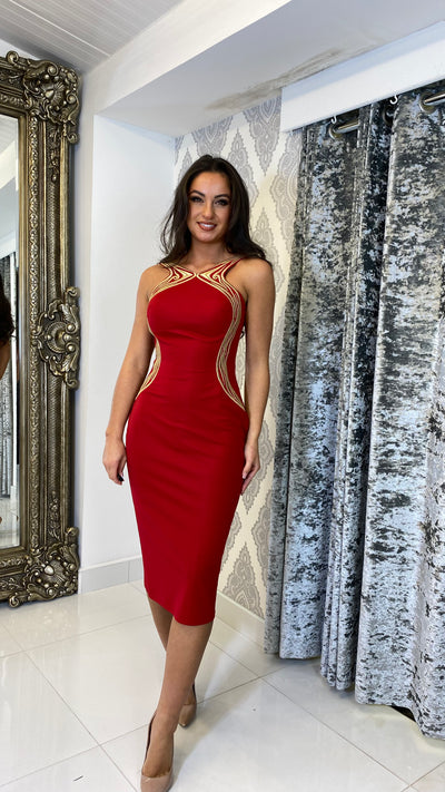 Red and Gold Backless Midi Cocktail Dress