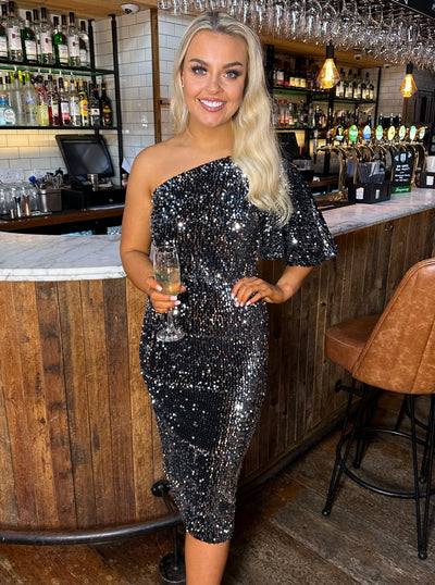 Black/Silver Sequin One Shoulder Midi Dress