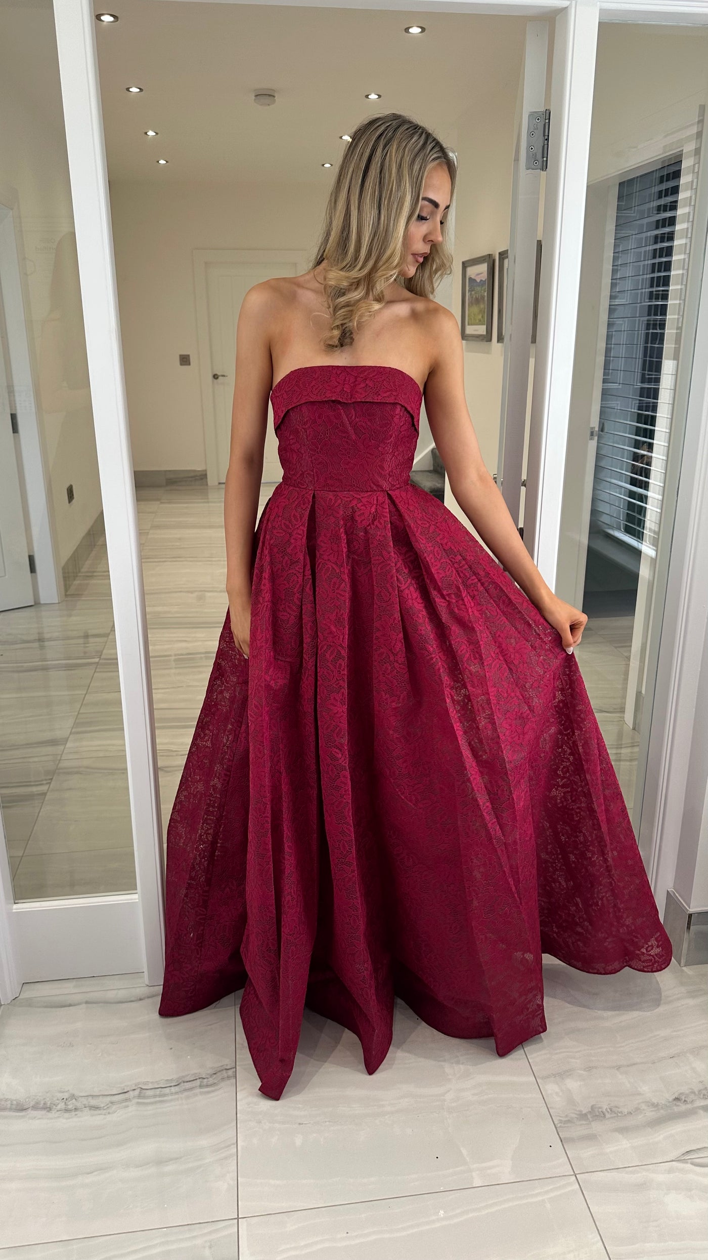 Burgundy Lace Strapless Ball Gown