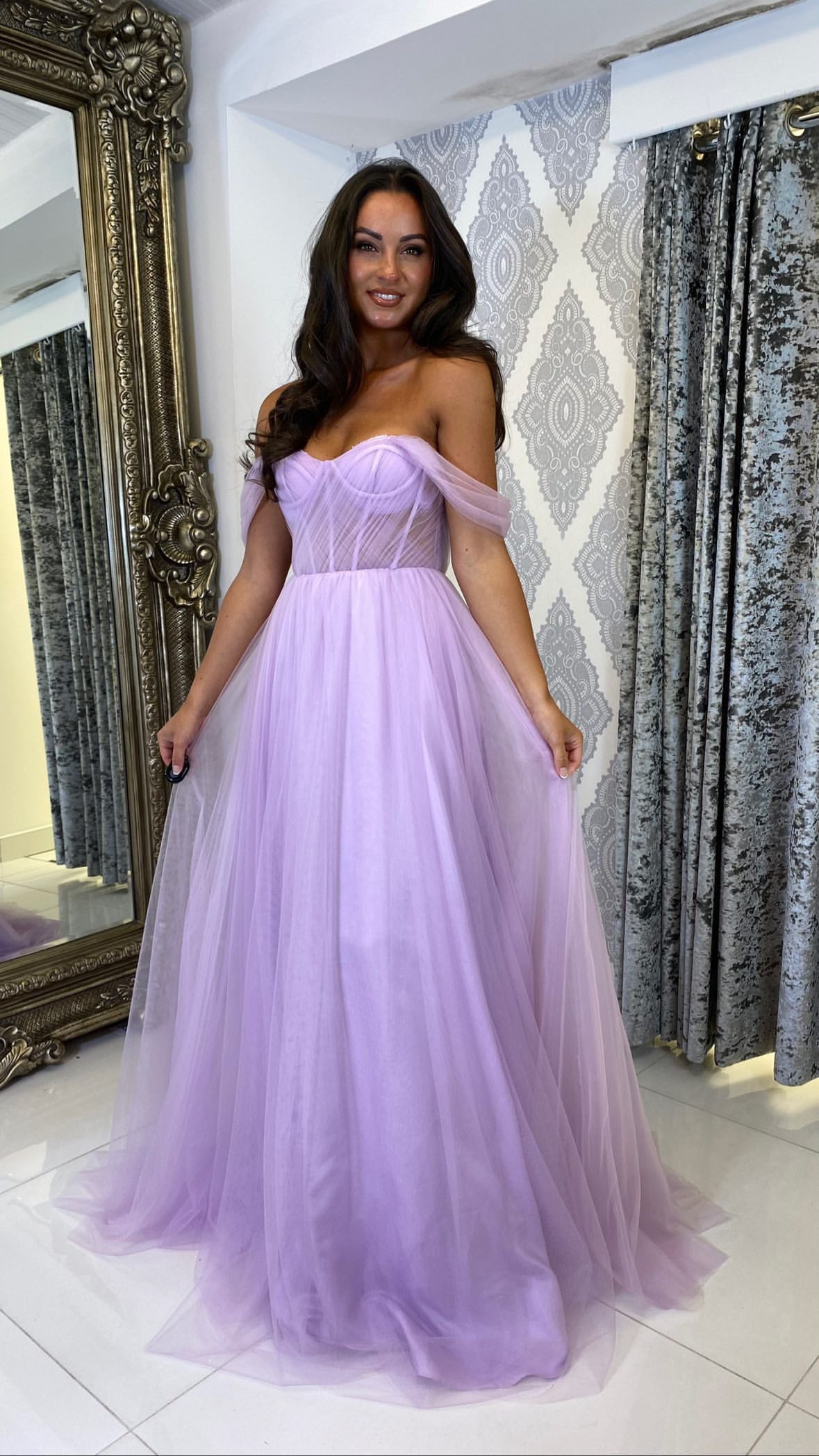 Lilac Bardot Mesh Corset Ball Gown