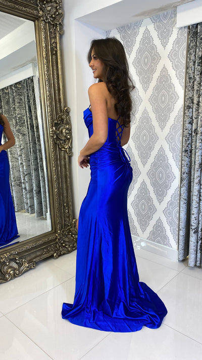 Cobalt Blue Satin Corset Style Full Length Gown