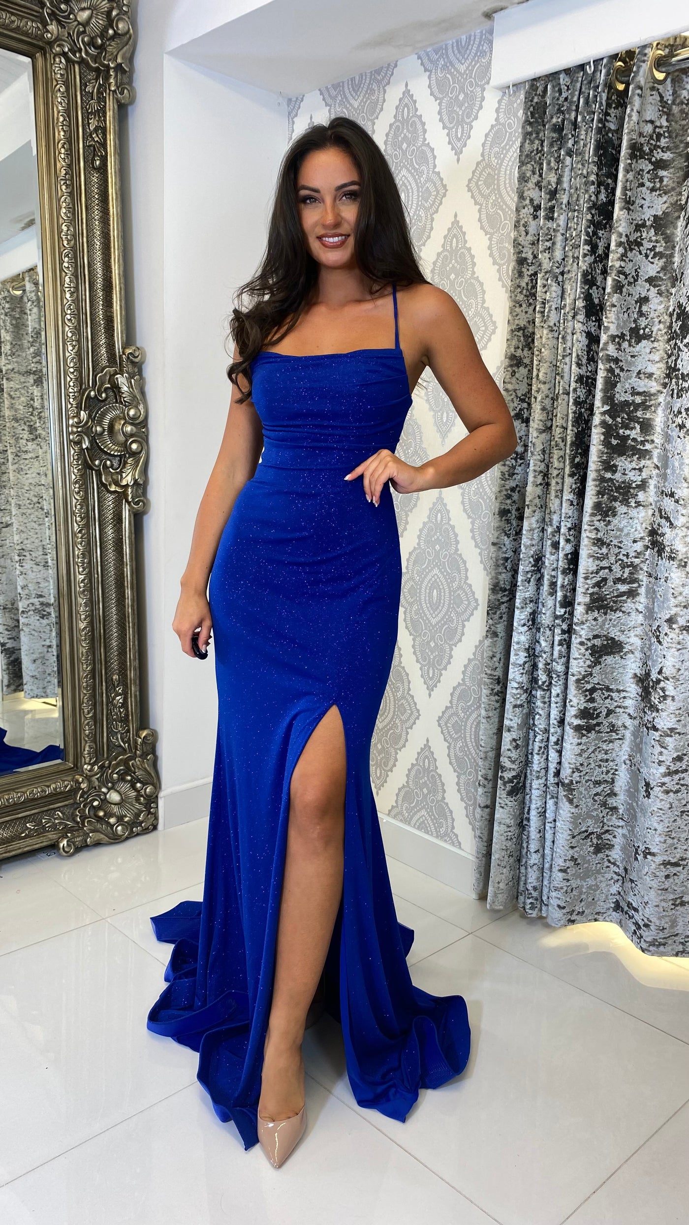 Royal Blue Glitter Fabric Tie Back Full Length Gown