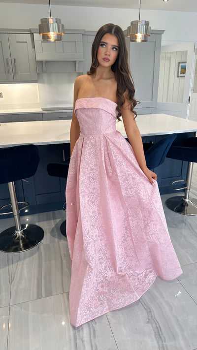 Baby Pink Lace Strapless Ball Gown