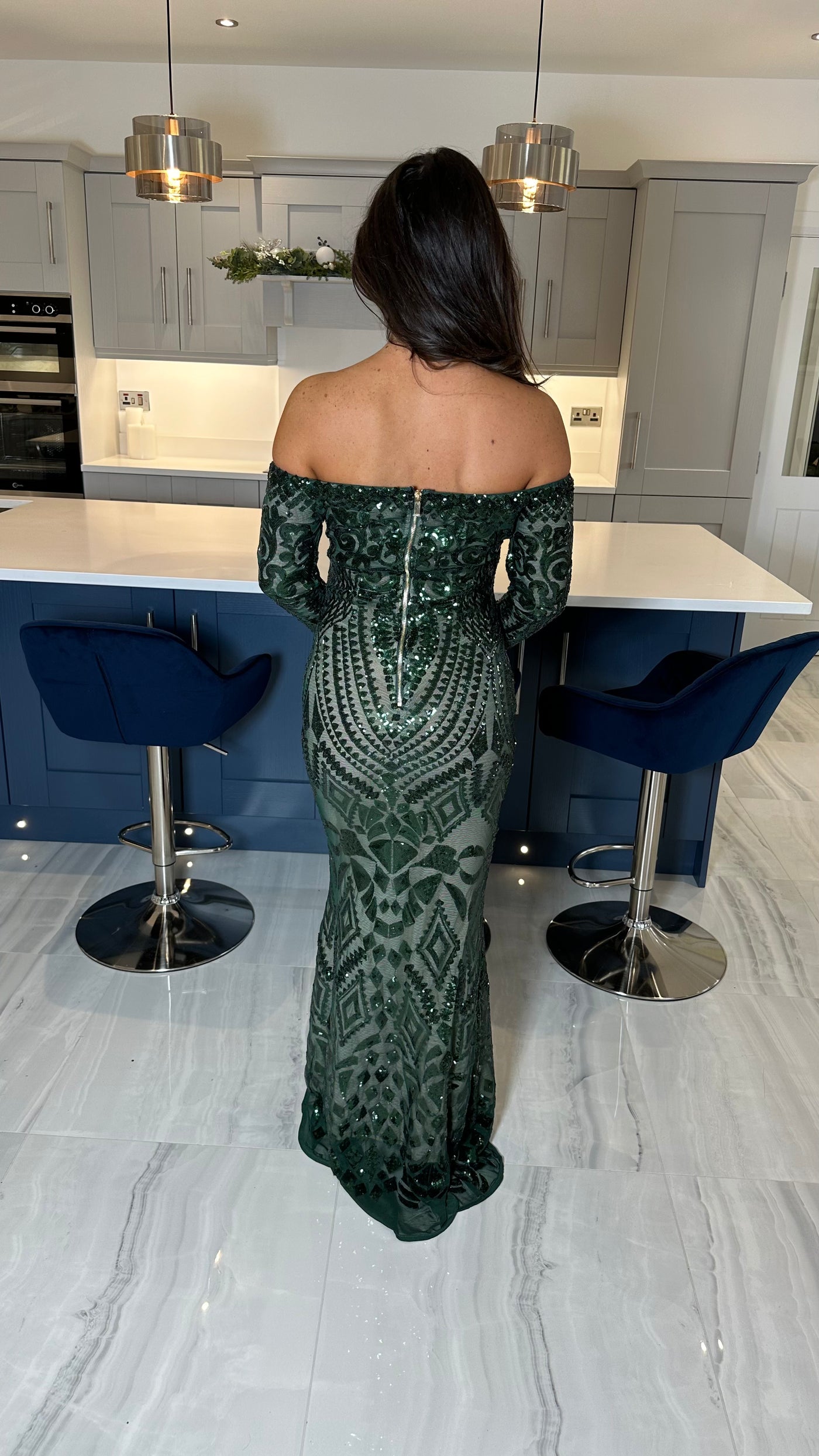 Bardot Style Full Sequin Detailed Maxi Evening Dress In Emerald Green