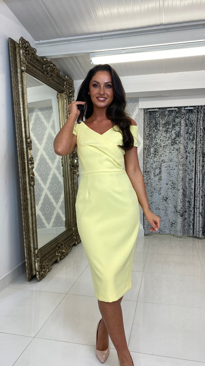 Lemon Pointed Bardot Midi Wedding Guest Dress