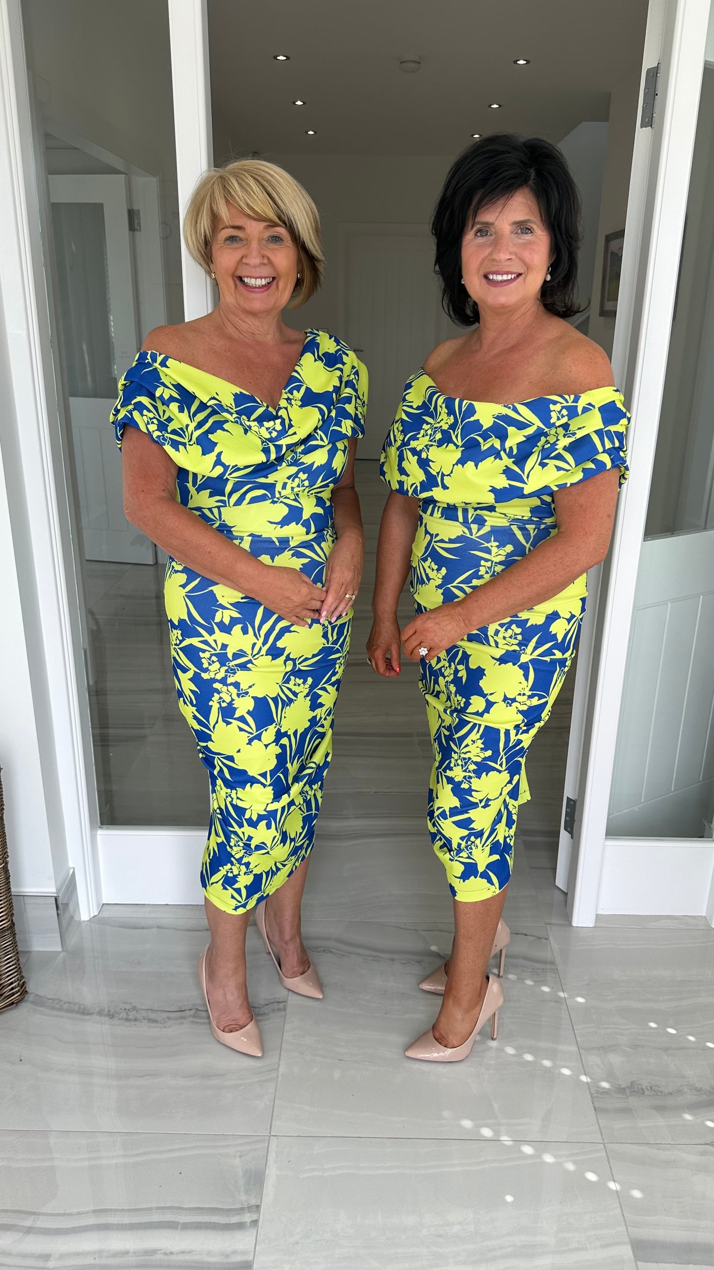 Cobalt and Lime Floral Print Drape Shoulder Midi Bodycon Dress