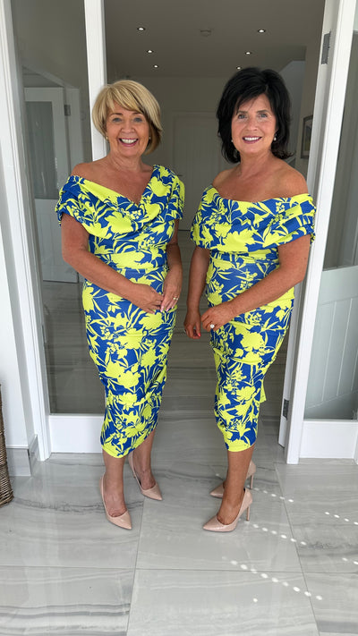 Cobalt and Lime Floral Print Drape Shoulder Midi Bodycon Dress