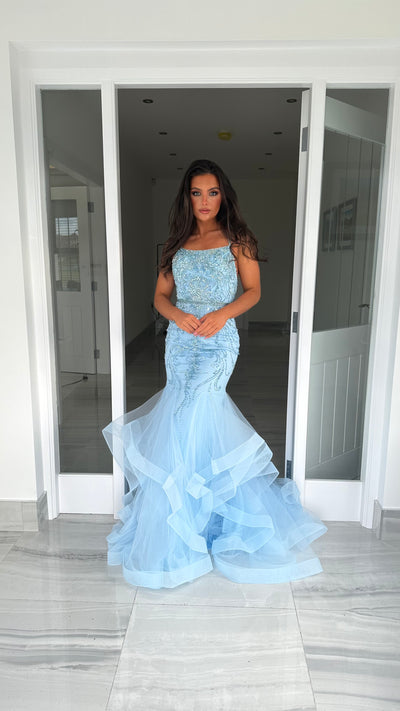 Baby Blue Straight Neck Fishtail Prom Dress