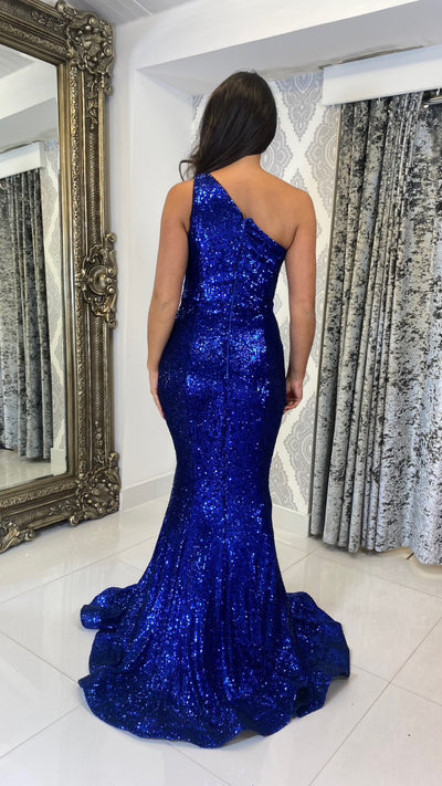 Royal Blue One Shoulder Sequin Full Length Gown