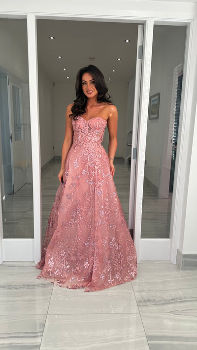 Rose Pink Strapless Corset Ball Gown