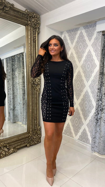 Black Long Sleeve Lace Detail Party Dress