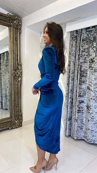 Teal Midi Ruched Dress Velvet Cocktail Dress