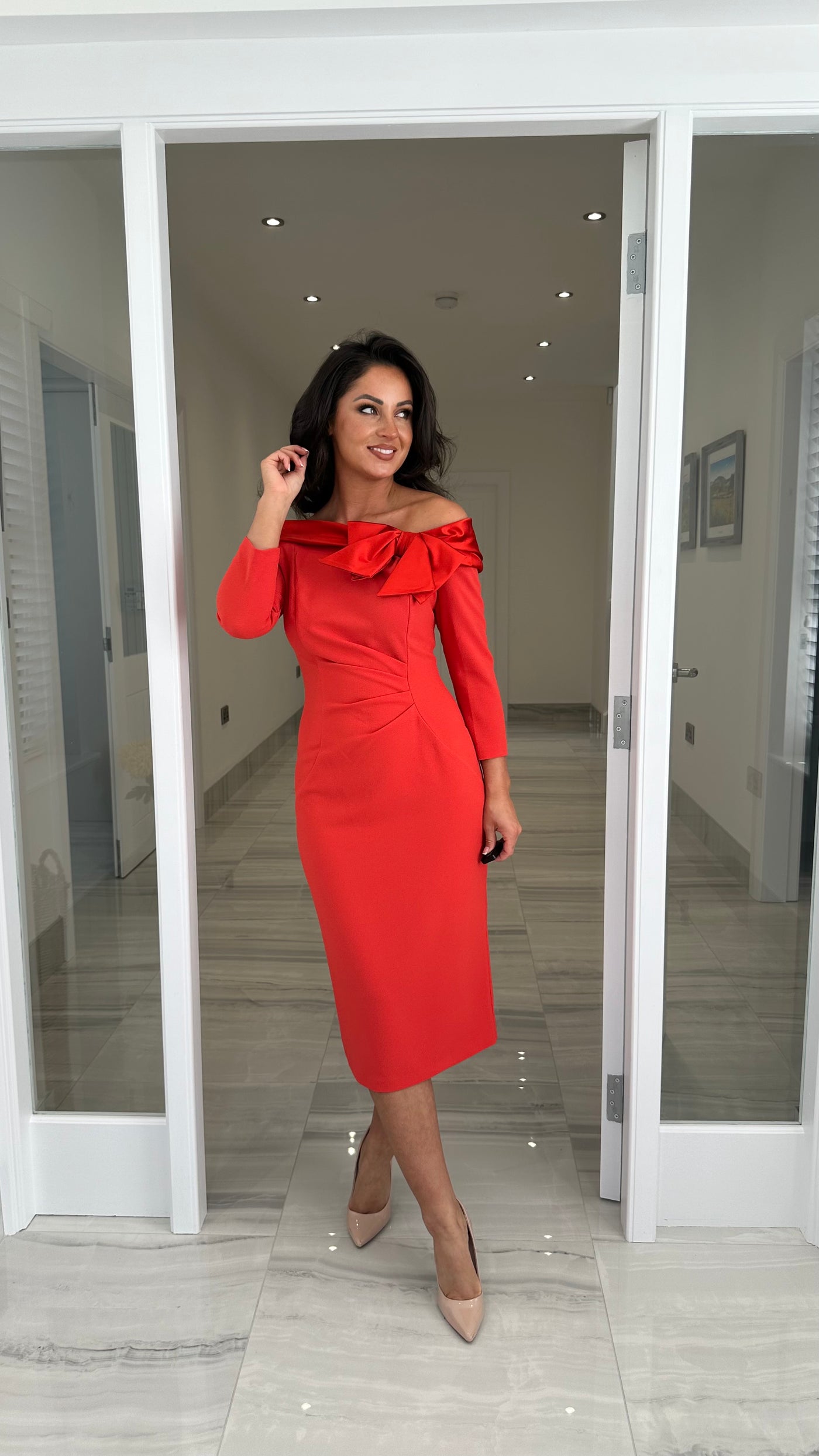 Coral Orange Bardot Neckline with Satin Bow