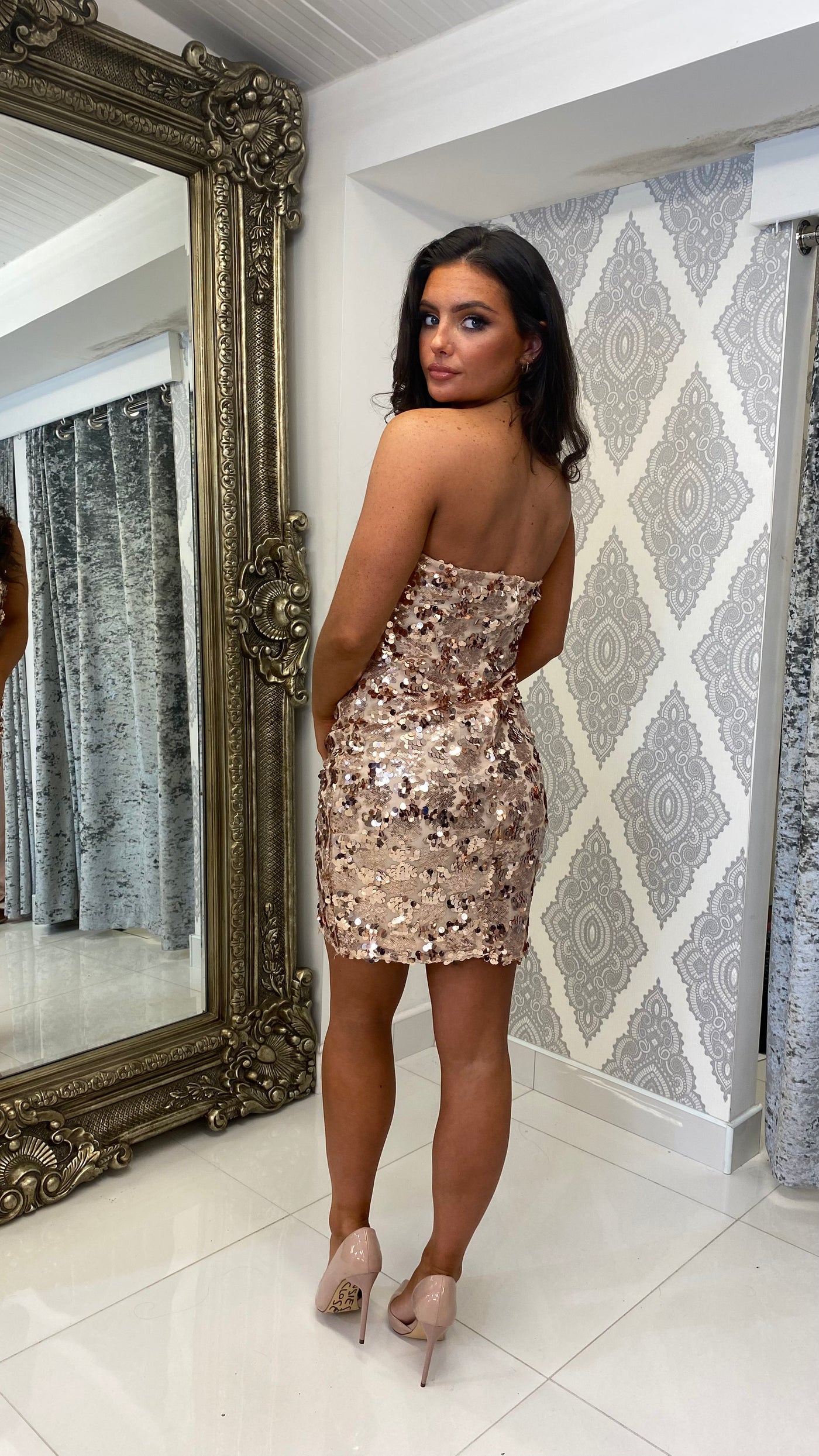 Gold Sequin Detailed Strapless Mini Party Dress