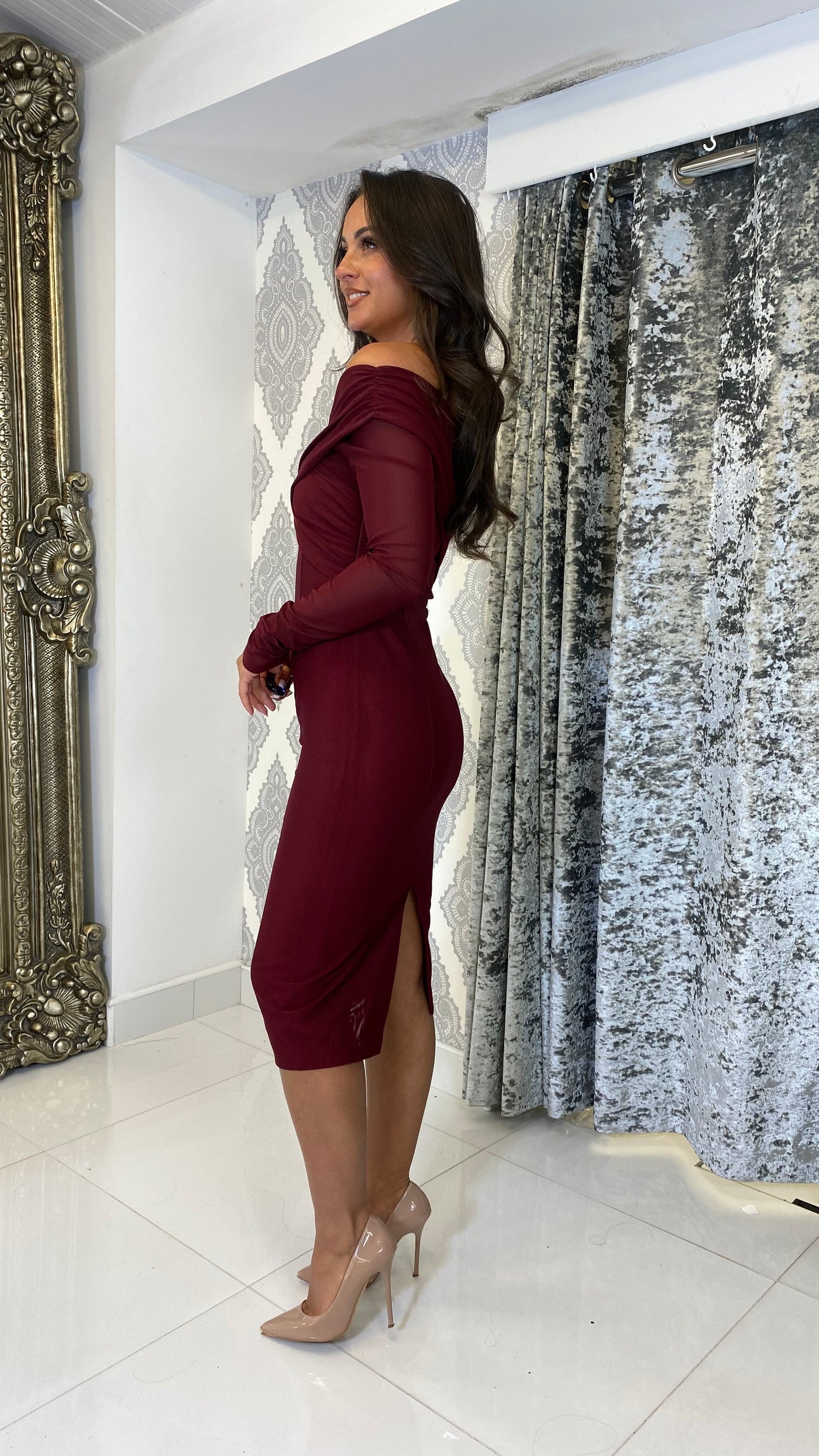 Burgundy Bardot Long Sleeve Mesh Midi Dress