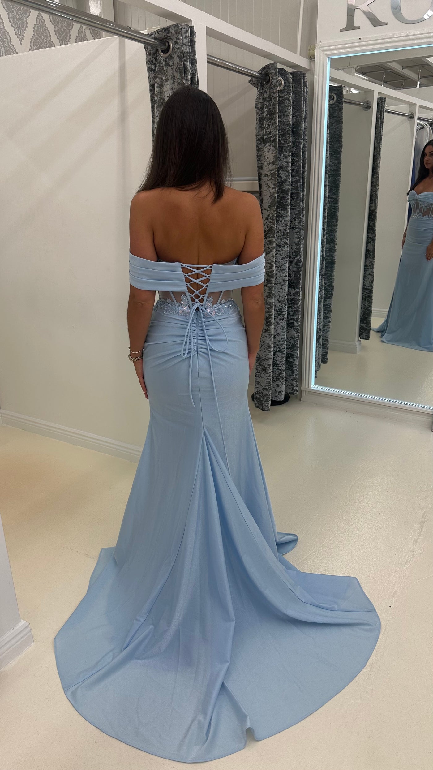 Baby Blue Bardot Mesh Lace Corset Prom Dress