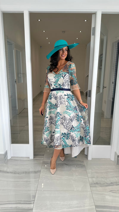 Navy Floral Embroidery Dip Hem Skater Dress
