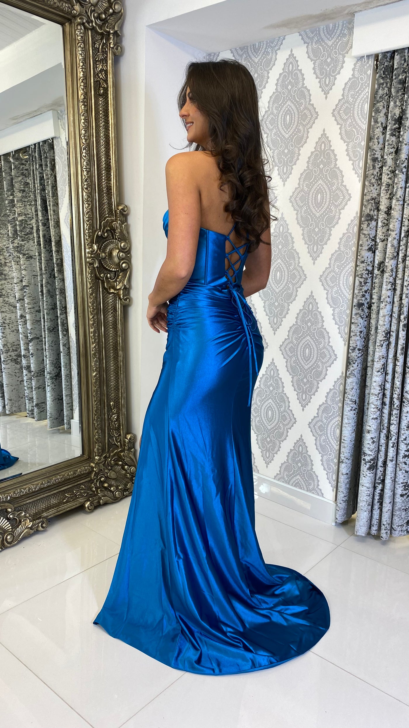 Satin Corset Style Full Length Gown In Teal