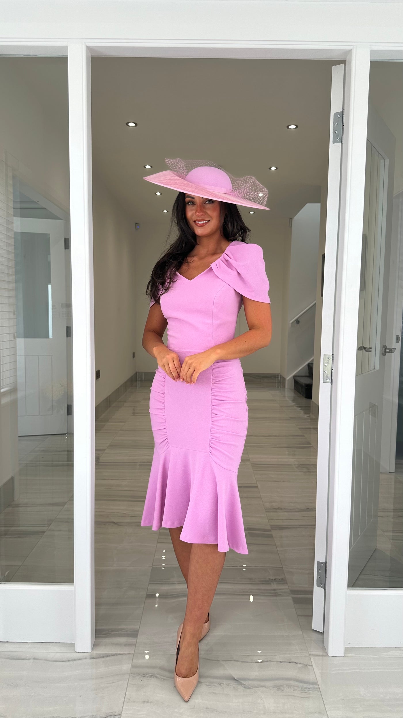 The Ruched Midi Dress With Detailed Cap Sleeve And Dip Hem