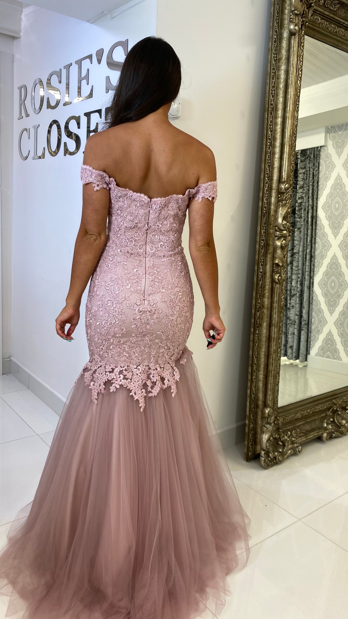 Blush Pink Bardot Lace Fishtail Prom Dress