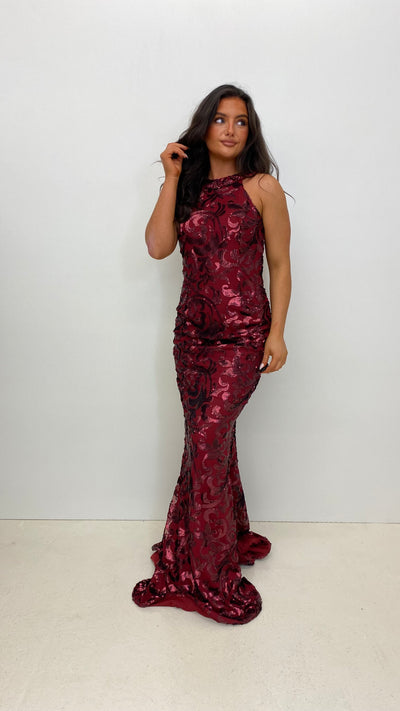 Wine Sequin High Neck Mermaid Style Gown